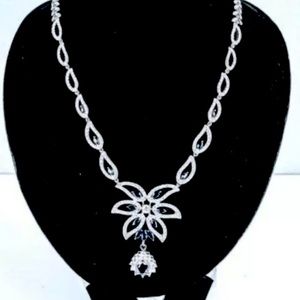 925 Silver Fancy Leaf Style Necklace & Pear Pendant Sapphire Blue w Swarovski